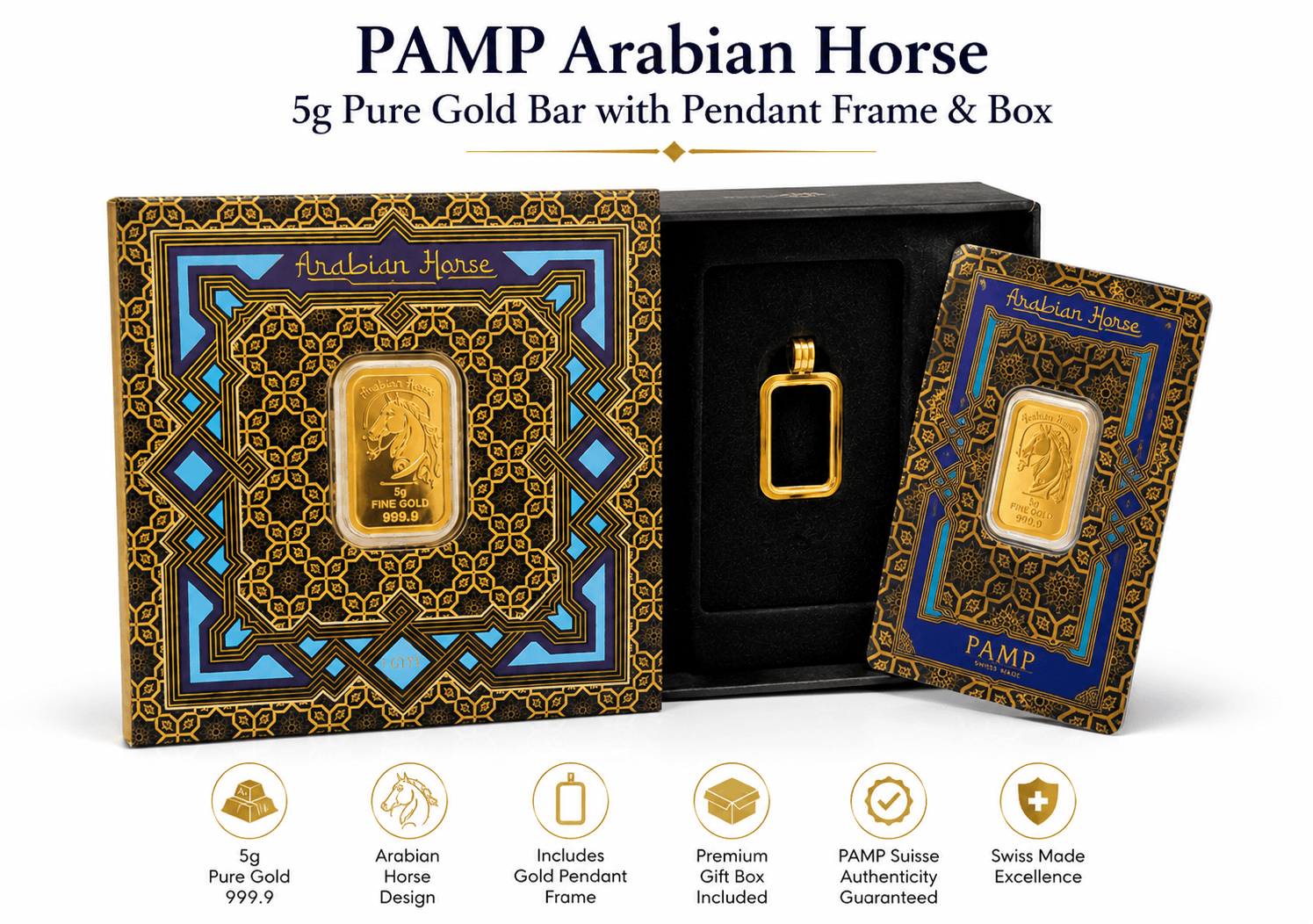 PAMP Arabian Horse 5g Pure Gold Bar with Pendant Frame & Box