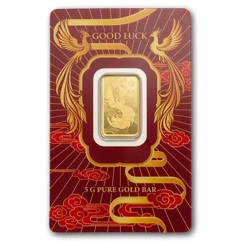 5 Gram PAMP Good Luck Phoenix Gold Bar in official CertiPAMP assay card crafted from 999.9 fine gold