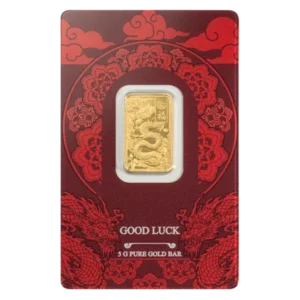 5g Good Luck Yellow Dragon Pure Gold Bar crafted from 999.9 fine gold with detailed dragon design