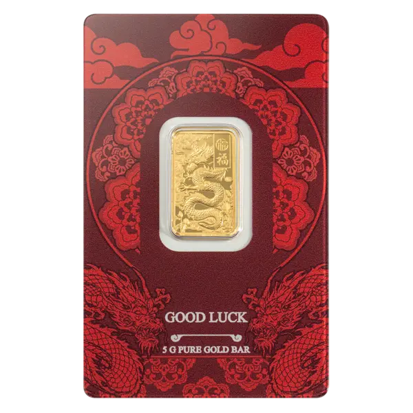 5g Good Luck Yellow Dragon Pure Gold Bar crafted from 999.9 fine gold with detailed dragon design