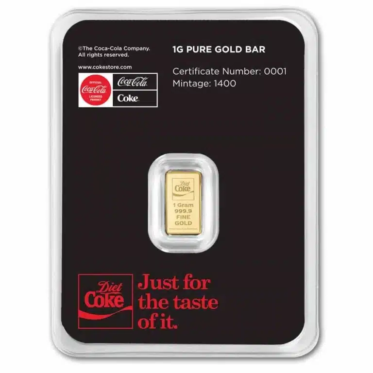 PAMP Diet Coke 1g gold bar with tamper-evident assay packaging