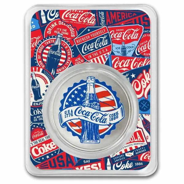 Official 1 oz Coca-Cola USA Silver Round struck from 999.9 fine silver with vintage Coca-Cola design