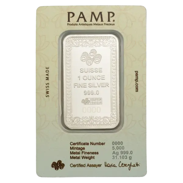 PAMP Moses & Batya 1 oz silver bar with CertiPAMP assay card and sleeve
