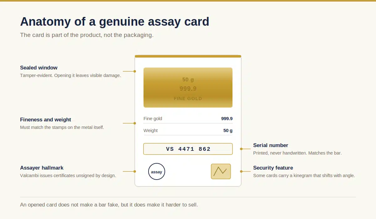 Annotated diagram of a gold bar assay card labelling its sealed window, fineness, weight, serial number, hallmark and security feature