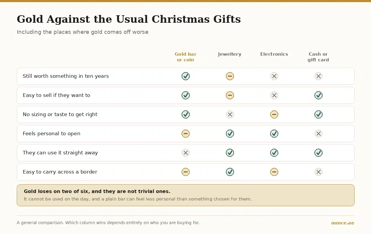 Comparison of a gold bar against jewellery, electronics and cash as a Christmas