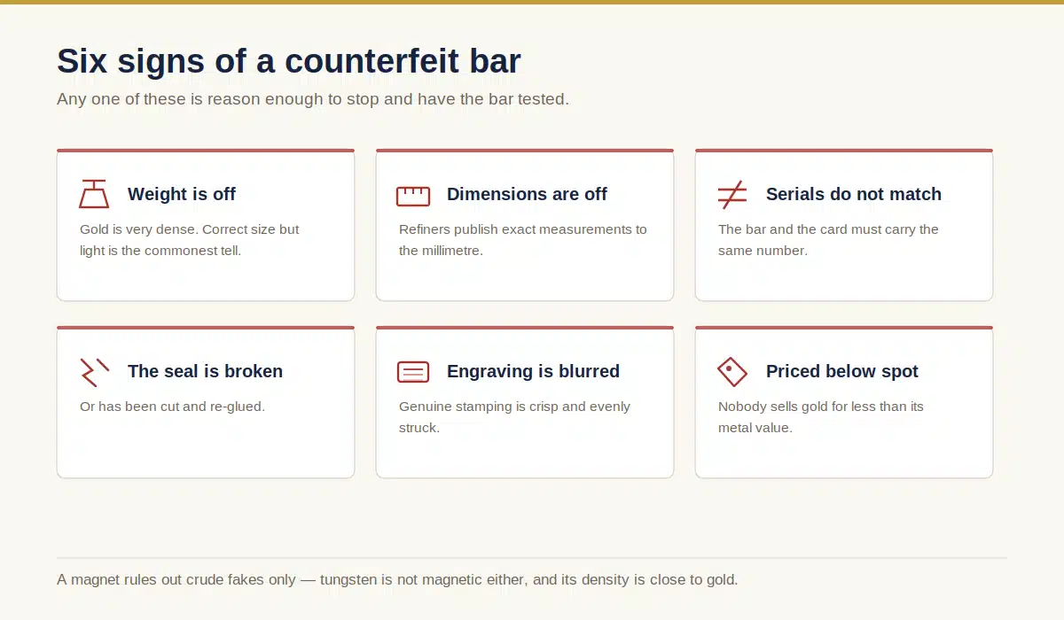 Six warning signs of a counterfeit gold bar: wrong weight, wrong dimensions, mismatched serials, broken seal, blurred engraving and a price below spot